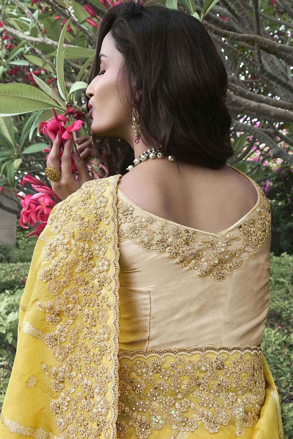 Yellow Tissue Silk Embroidered Saree