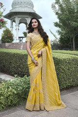 Yellow Tissue Silk Embroidered Saree