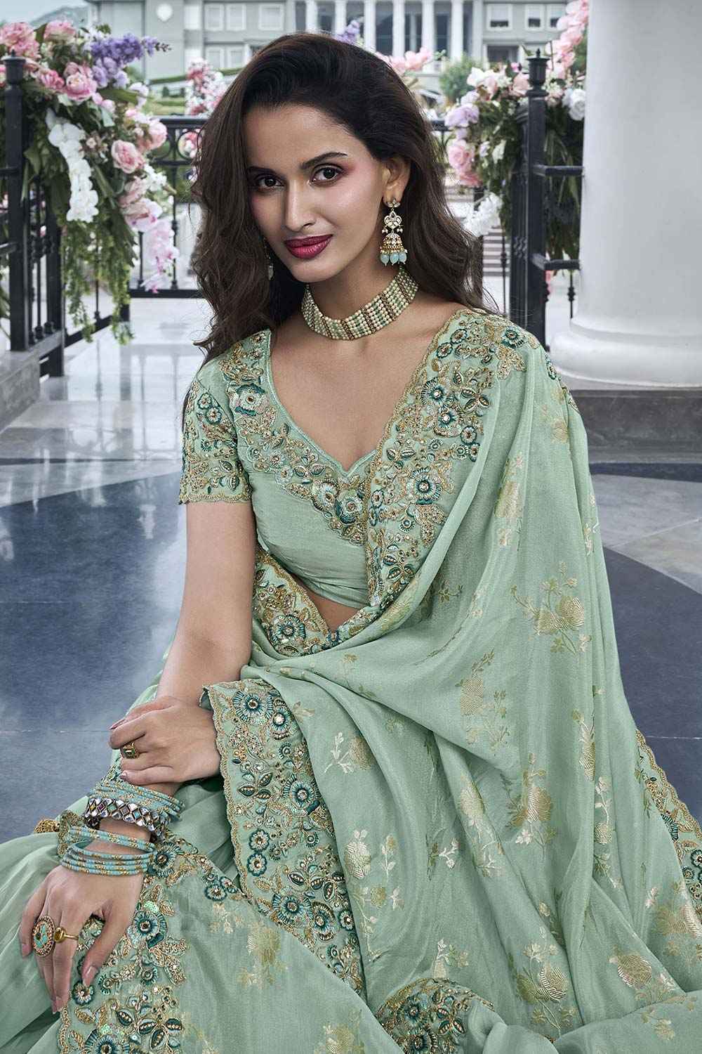 Green Tissue Silk Embroidered Saree