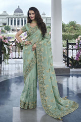 Green Tissue Silk Embroidered Saree