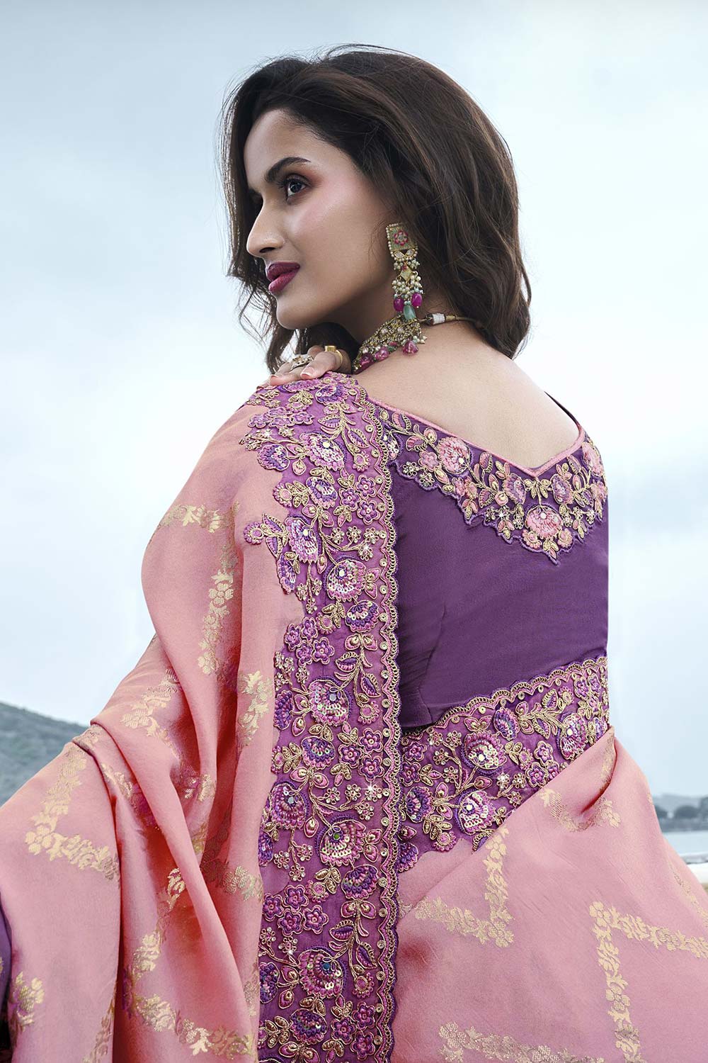 Pink Tissue Silk Embroidered Saree