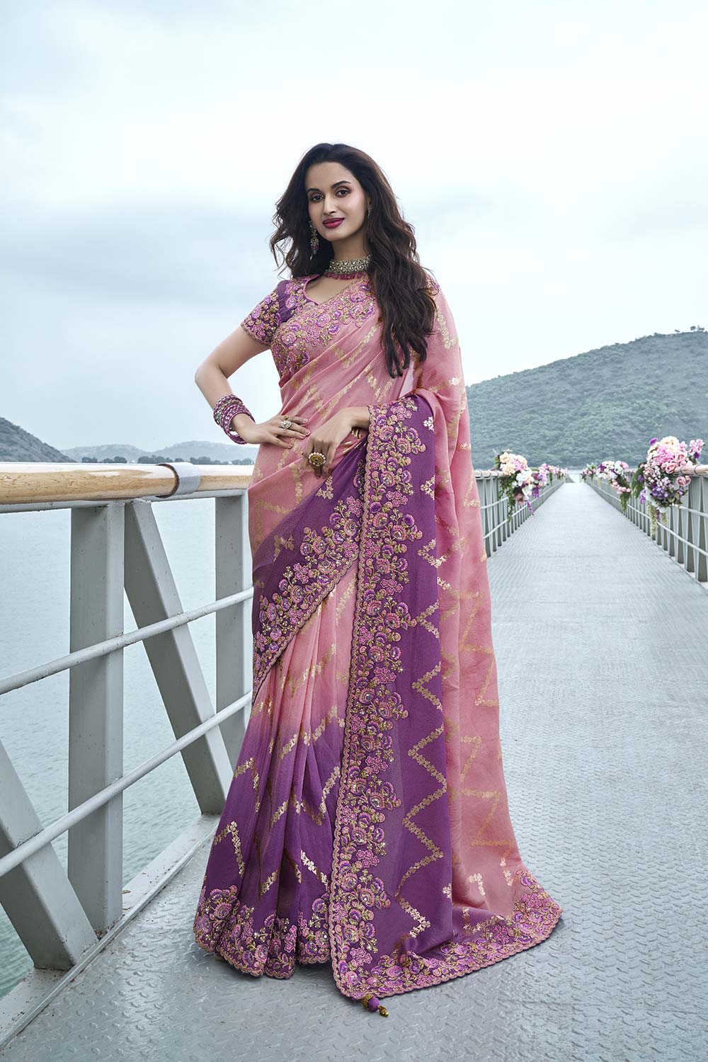 Pink Tissue Silk Embroidered Saree