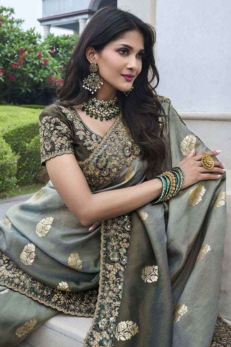 Grey Tissue Silk Embroidered Saree