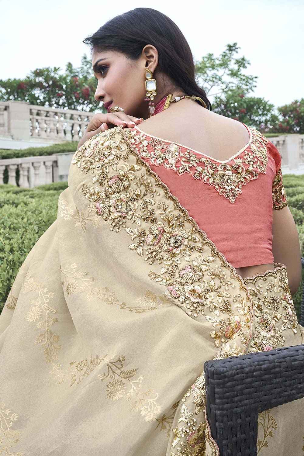 Beige Tissue Silk Embroidered Saree