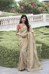 Beige Tissue Silk Embroidered Saree