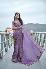 Purple Tissue Silk Embroidered Saree