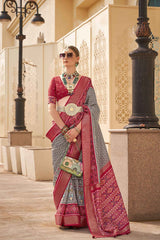 Grey Silk Printed Saree