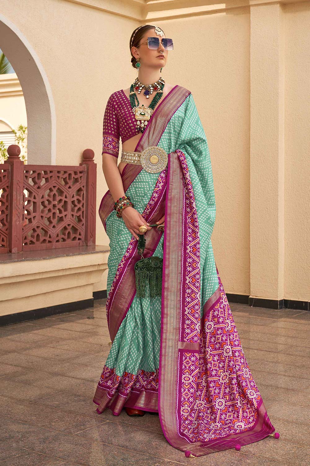 Sea Green Silk Printed Saree