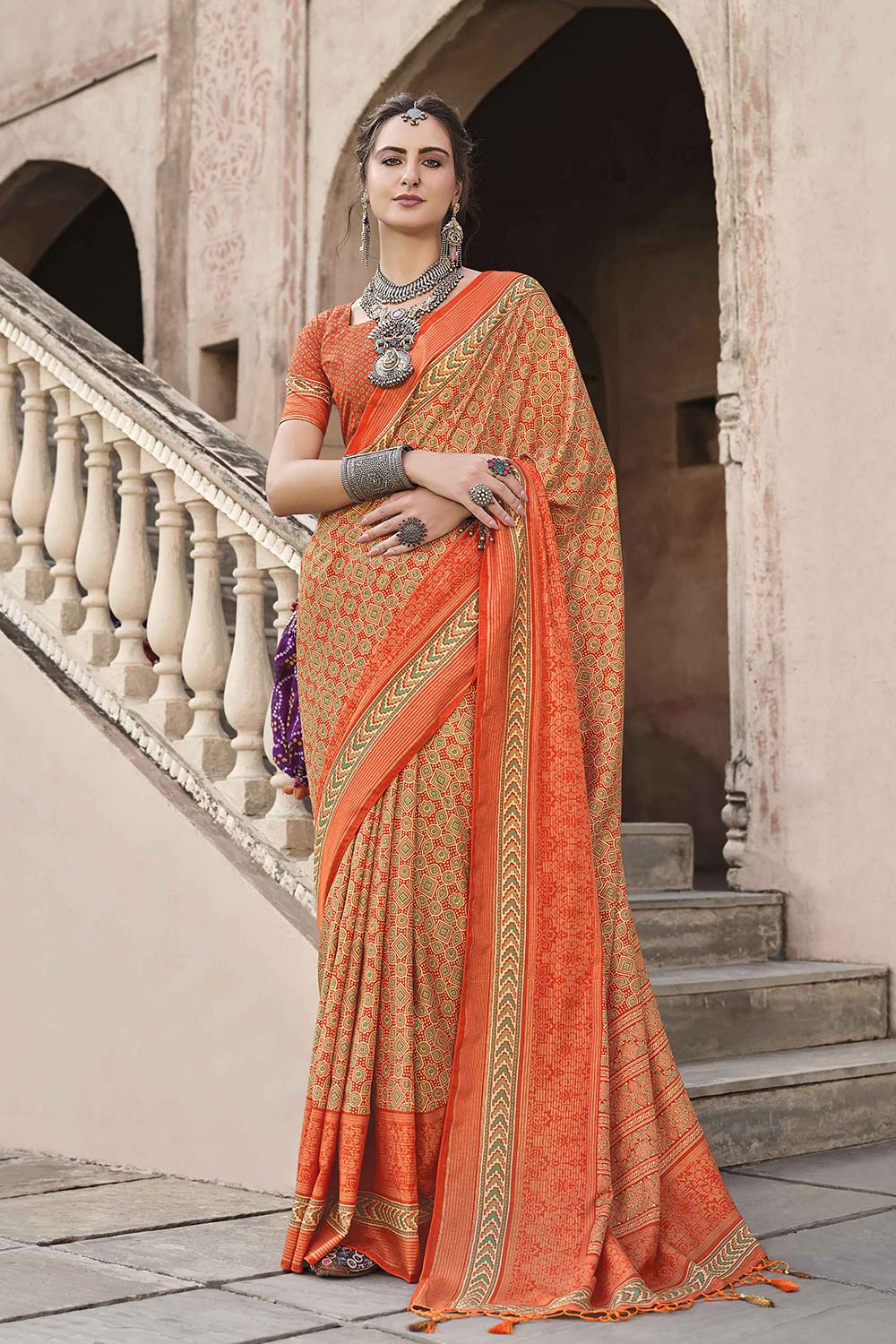 Orange Silk Printed Saree