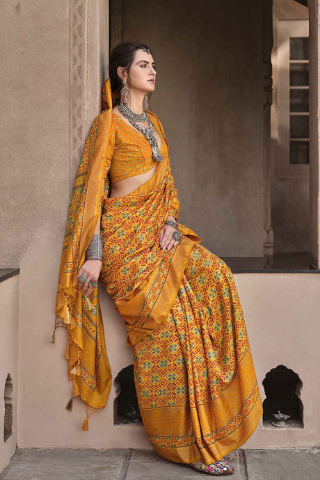 Yellow Silk Printed Saree