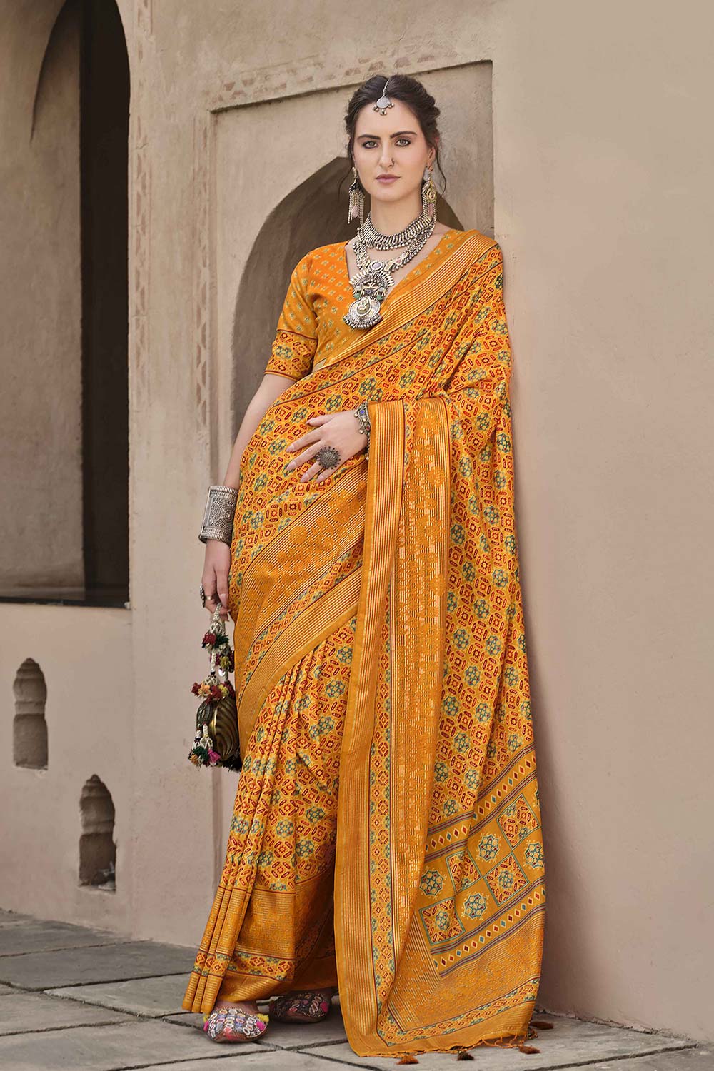 Yellow Silk Printed Saree