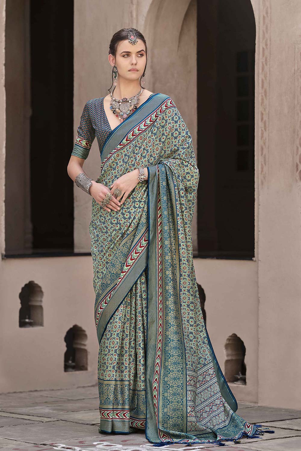 Teal Silk Printed Saree