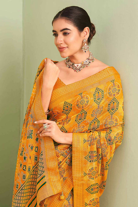 Yellow Printed Georgette Saree