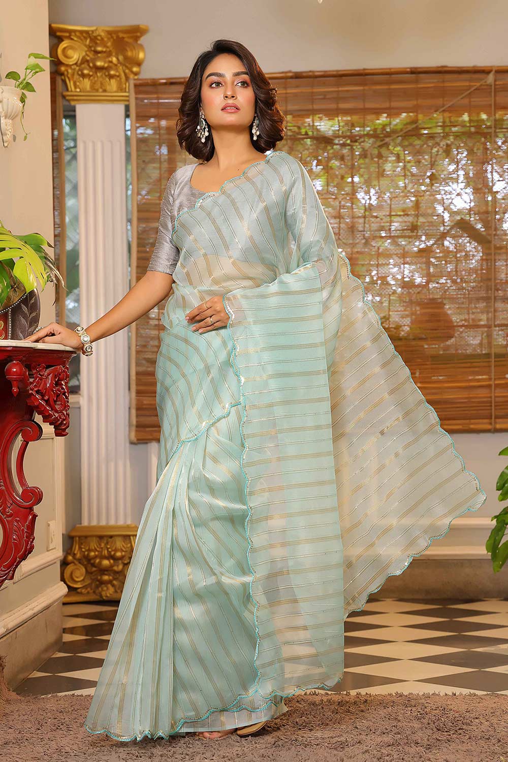 Turquoise Embroidered Organza Saree