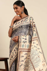 Grey Printed Cotton Saree