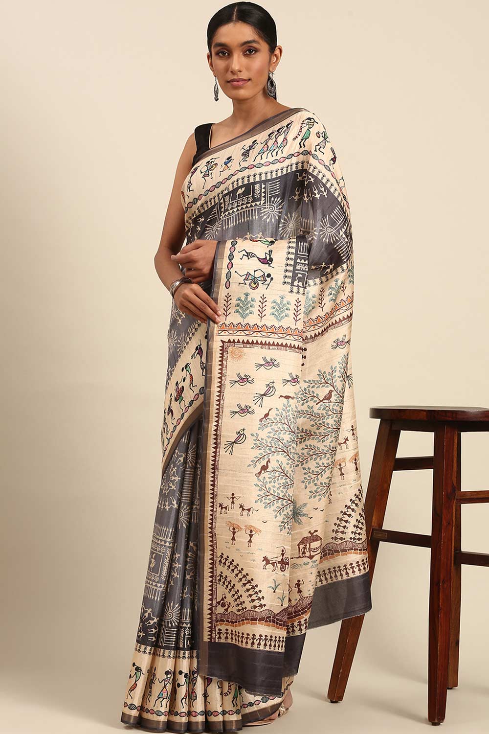 Grey Printed Cotton Saree