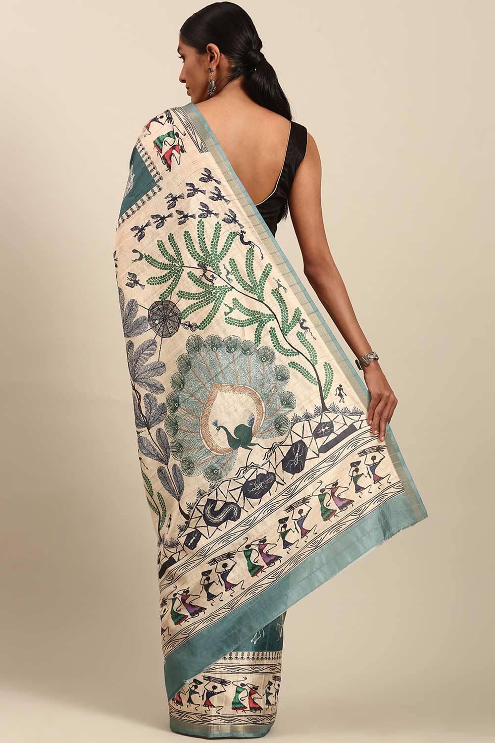 Turquoise Printed Cotton Saree