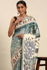 Turquoise Printed Cotton Saree