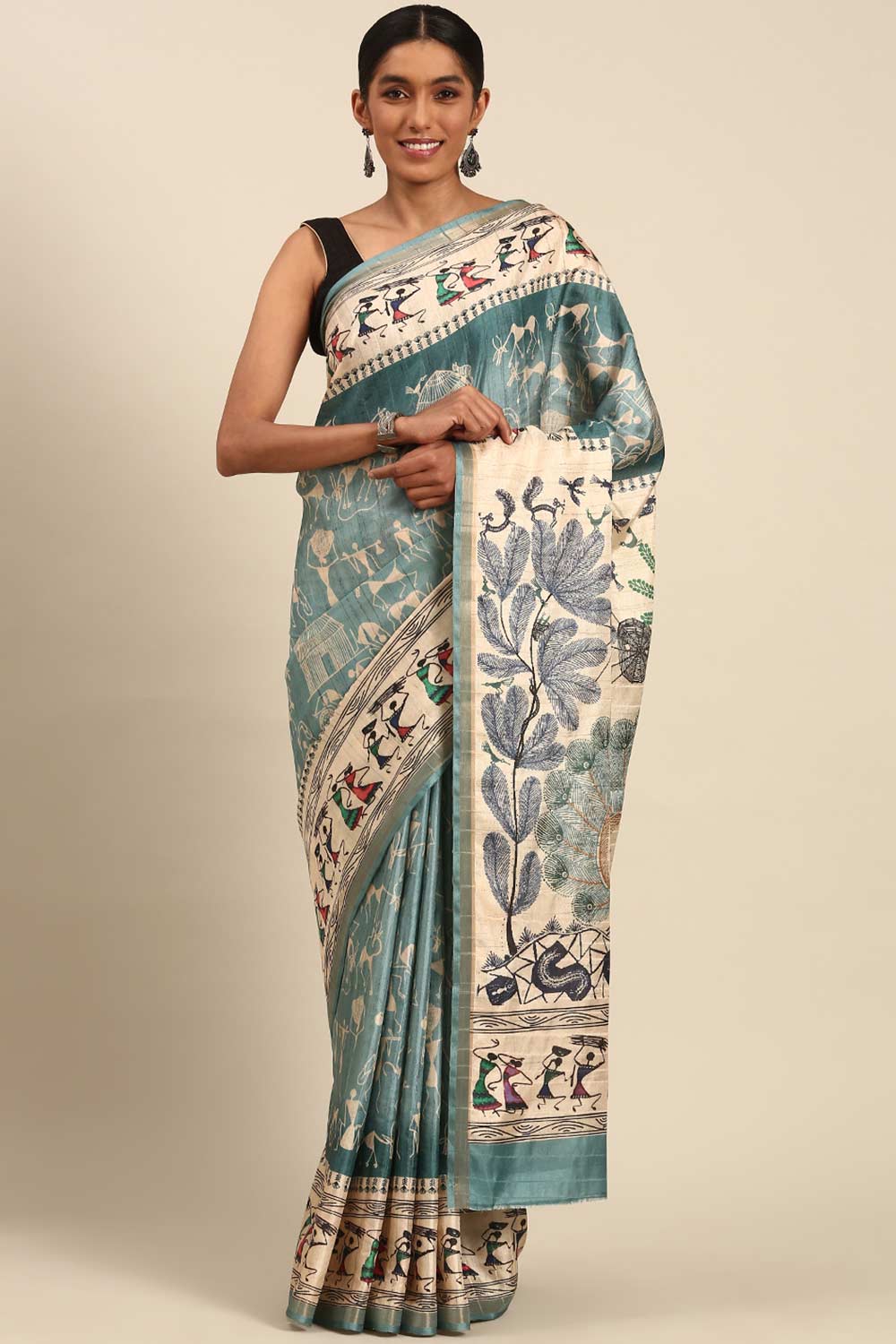 Turquoise Printed Cotton Saree