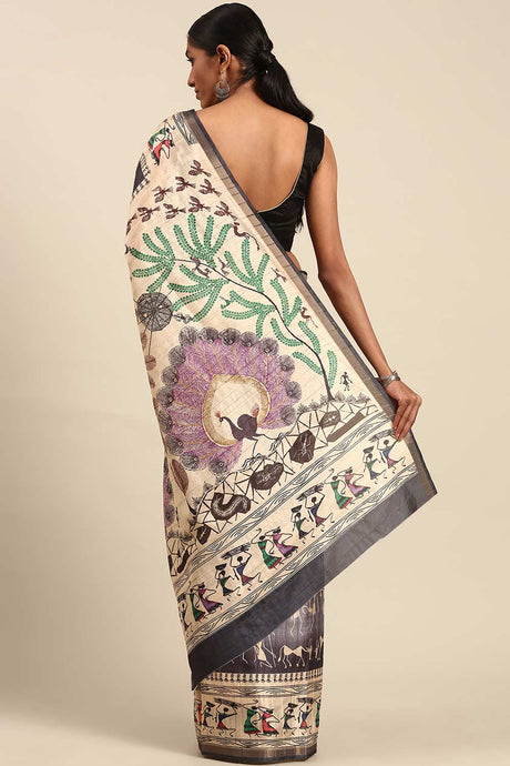 Grey Printed Cotton Saree