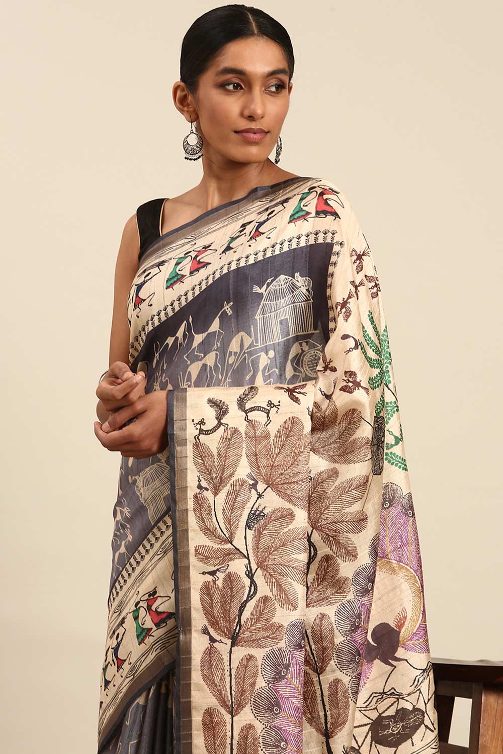 Grey Printed Cotton Saree