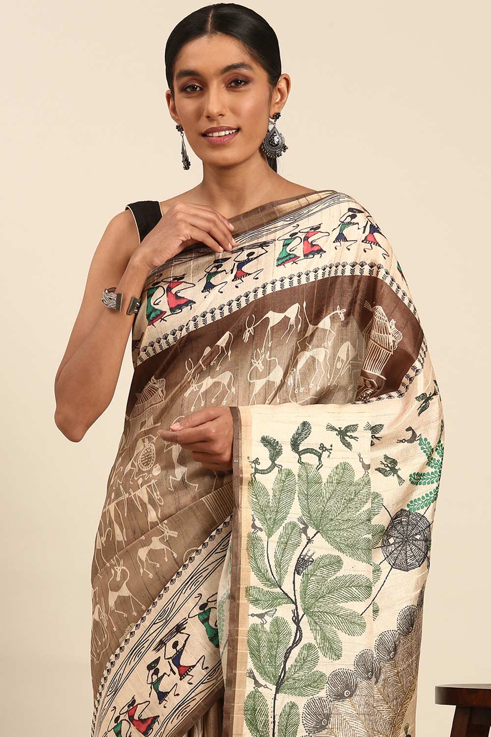 Brown Printed Cotton Saree