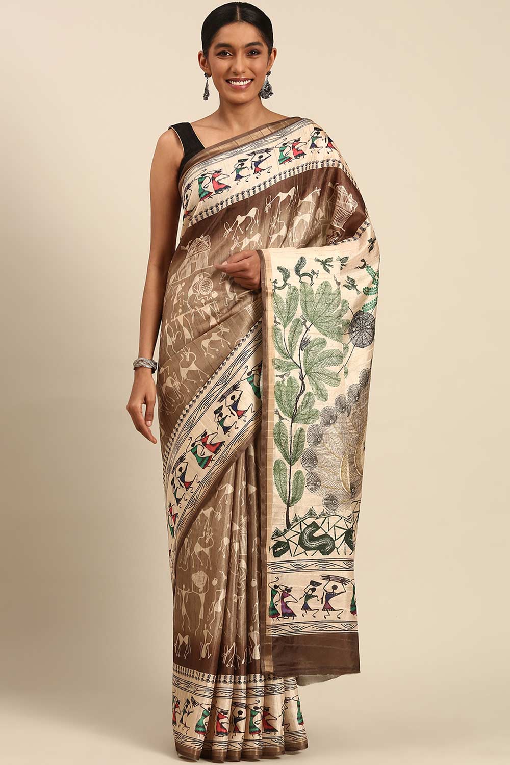 Brown Printed Cotton Saree