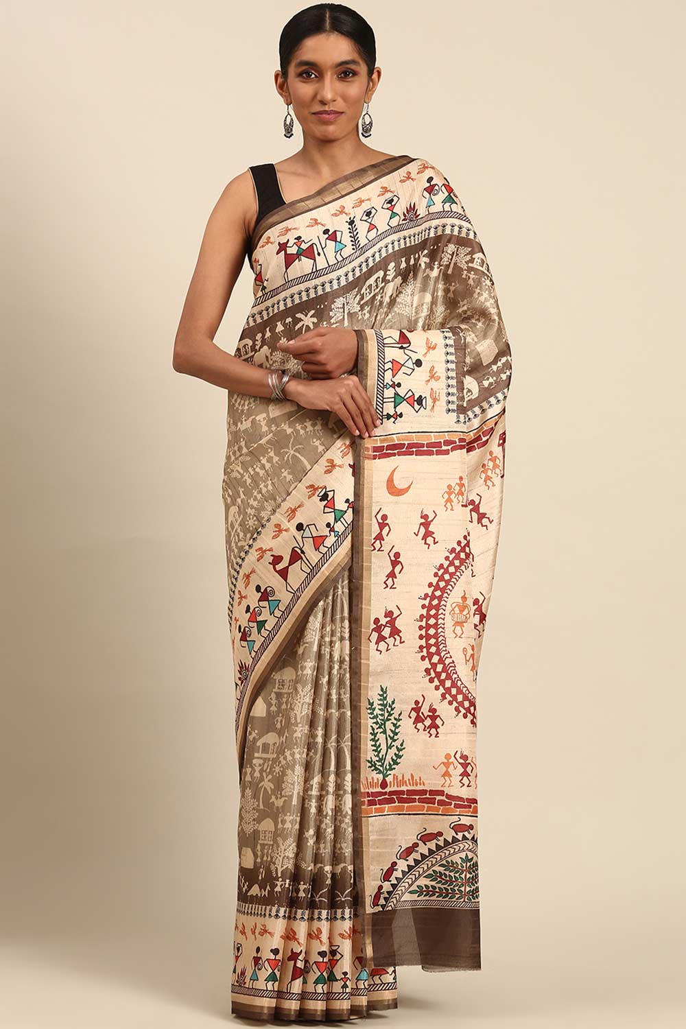 Brown Printed Cotton Saree