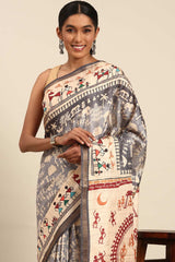 Grey Printed Cotton Saree