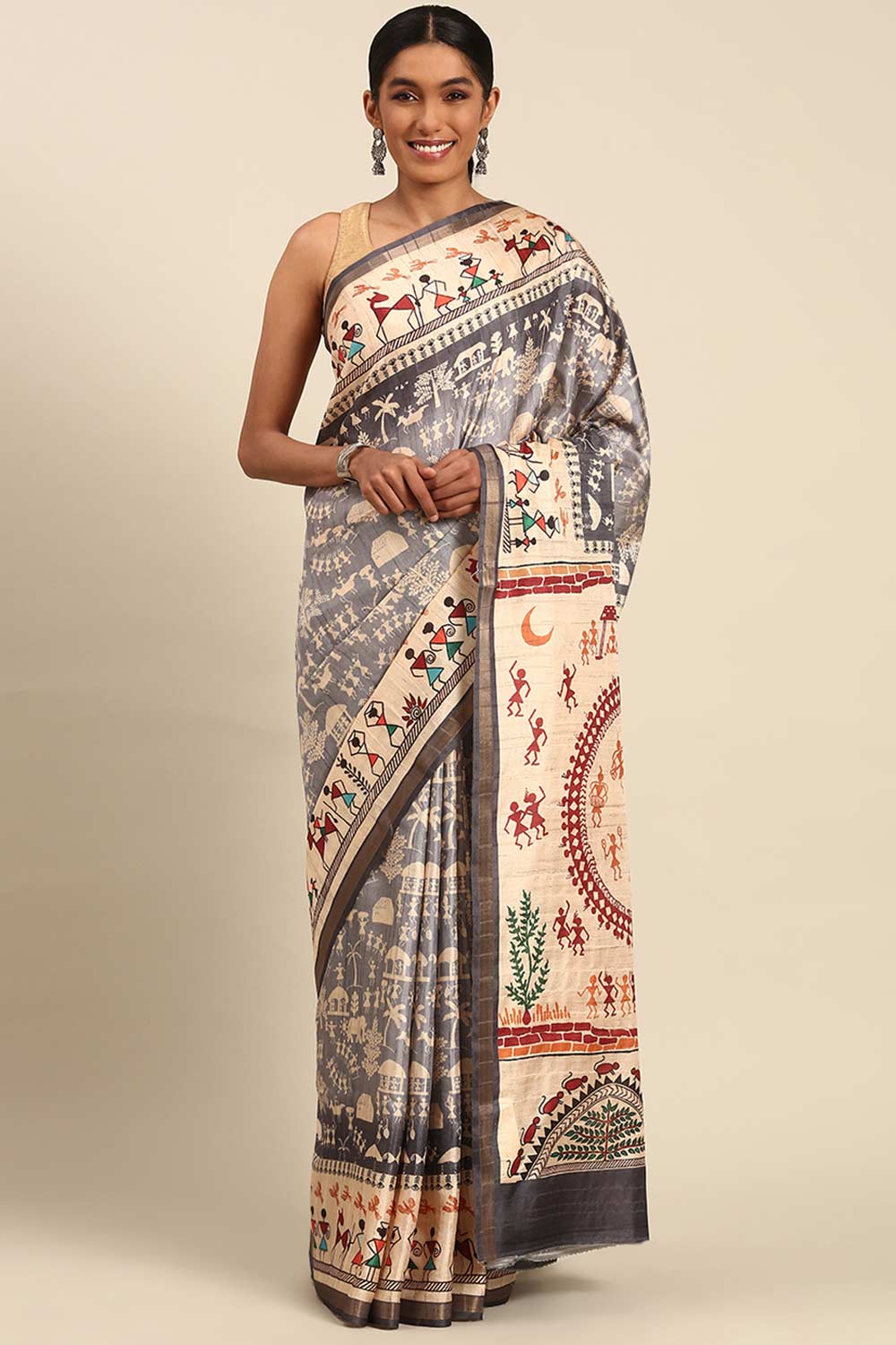 Grey Printed Cotton Saree