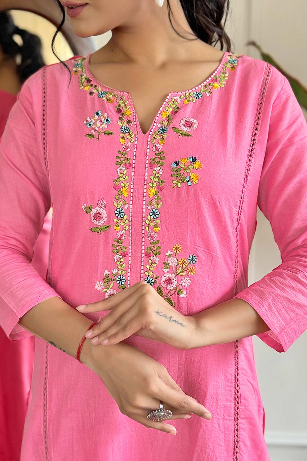 Pink Embroidered Viscose Palazzo Suit Set