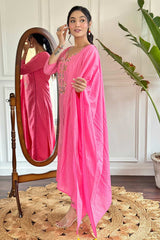 Pink Embroidered Viscose Palazzo Suit Set