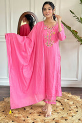 Pink Embroidered Viscose Palazzo Suit Set