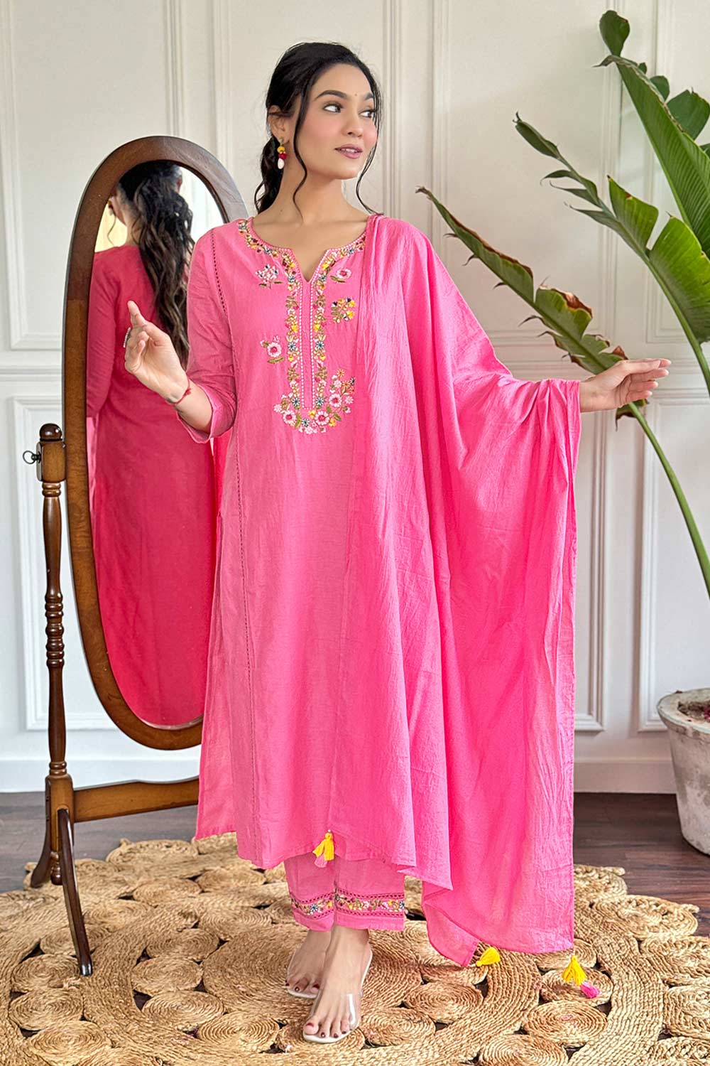 Pink Embroidered Viscose Palazzo Suit Set