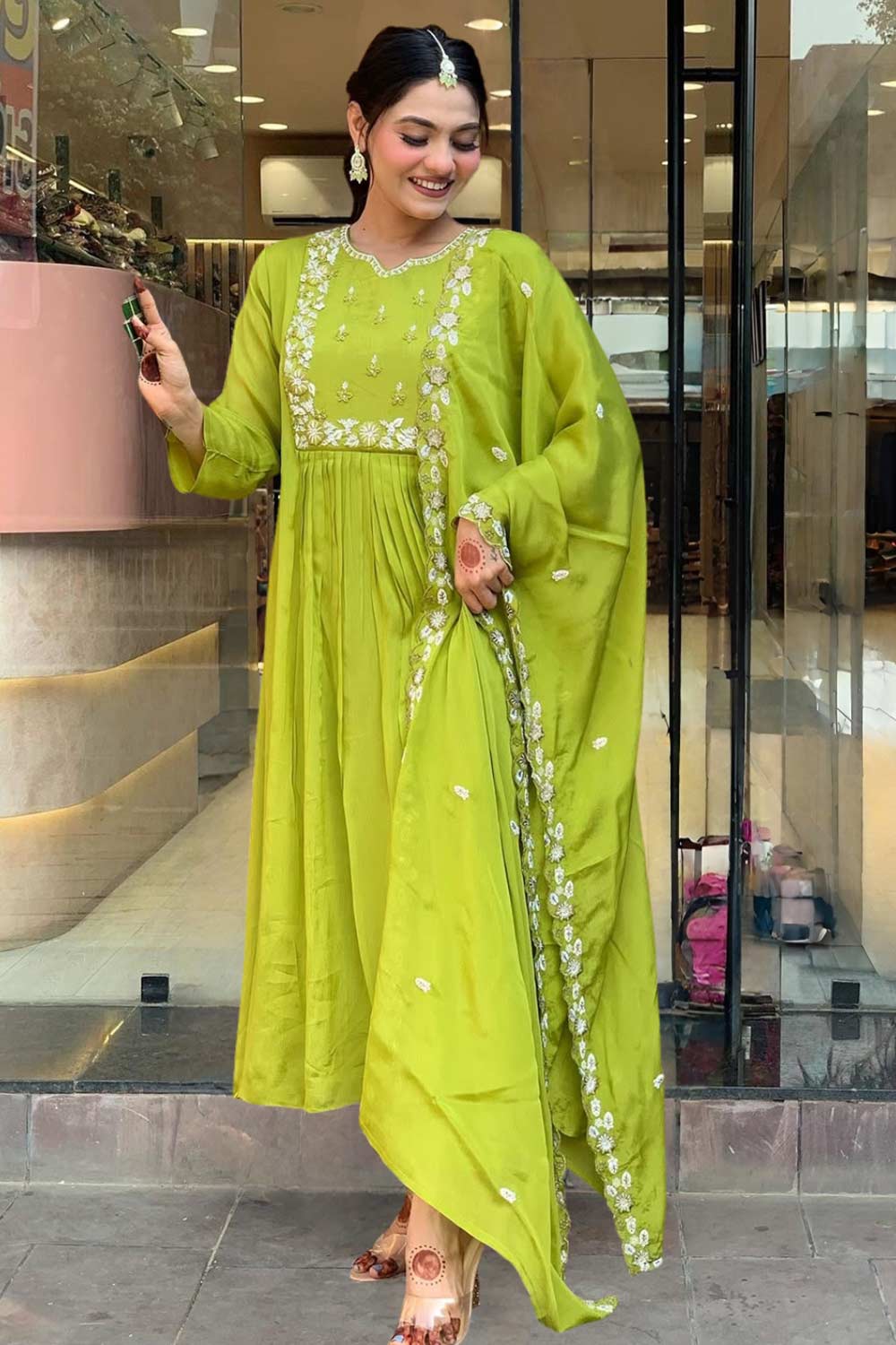 Green Embroidered Chinon Palazzo Suit Set