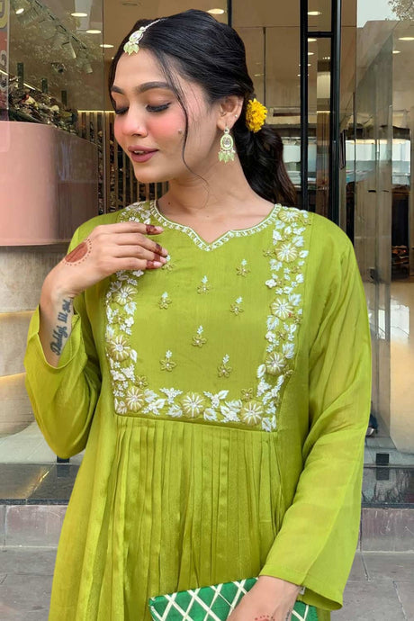 Green Embroidered Chinon Palazzo Suit Set