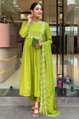 Green Embroidered Chinon Palazzo Suit Set