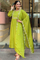 Green Embroidered Chinon Palazzo Suit Set