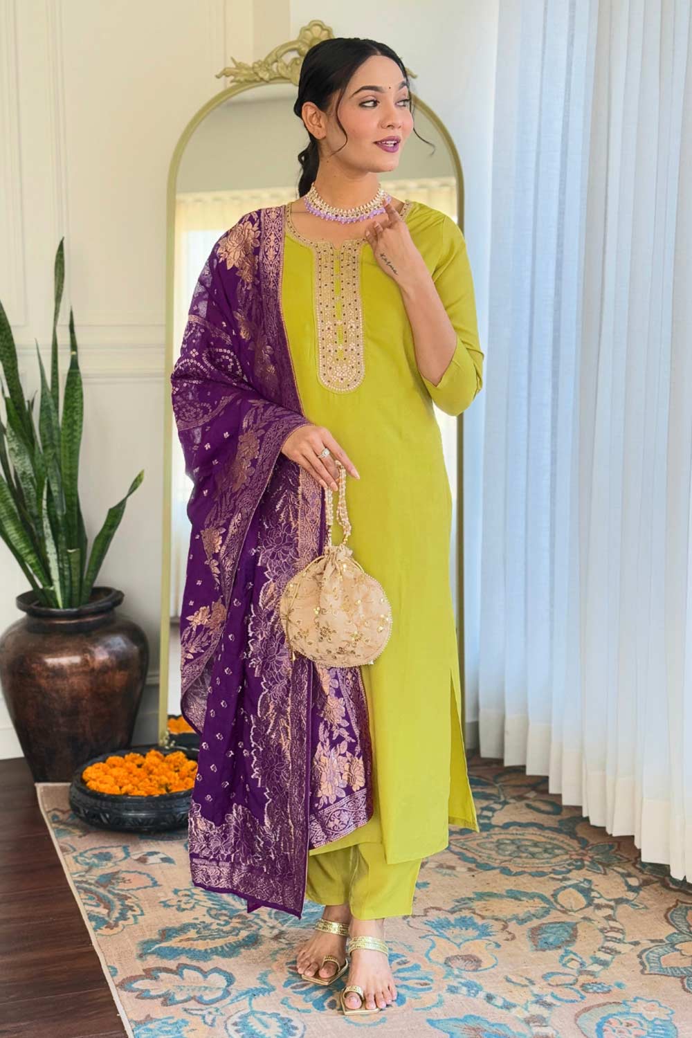 Green Embroidered Viscose Palazzo Suit Set