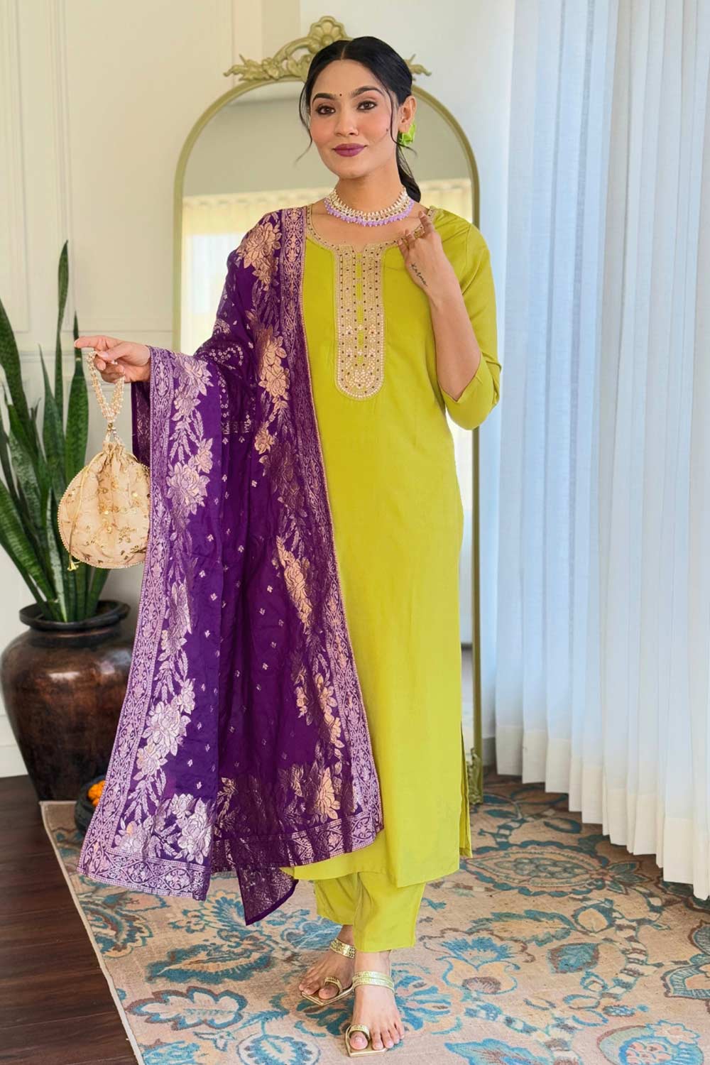 Violet Embroidered Viscose Palazzo Suit Set