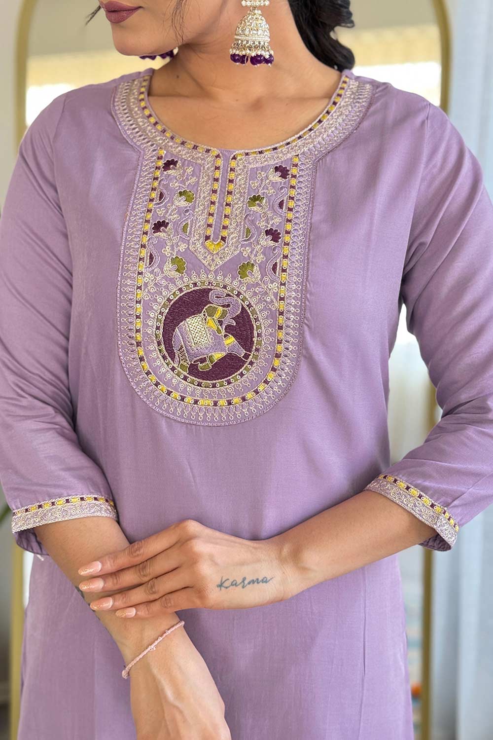 Violet Embroidered Viscose Palazzo Suit Set