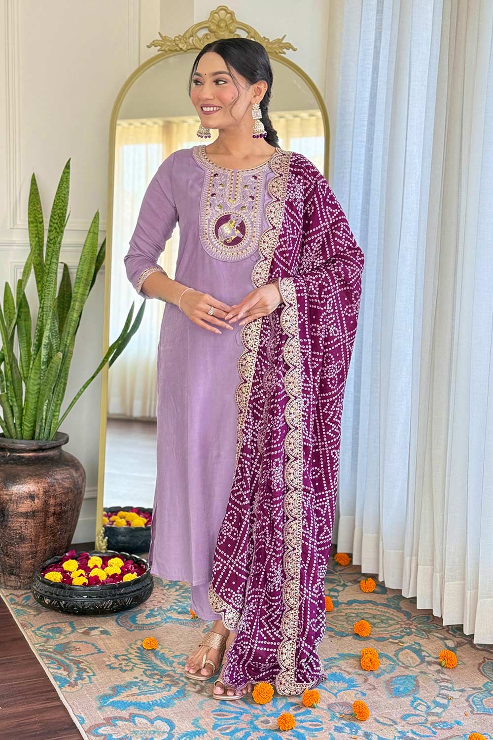 Violet Embroidered Viscose Palazzo Suit Set