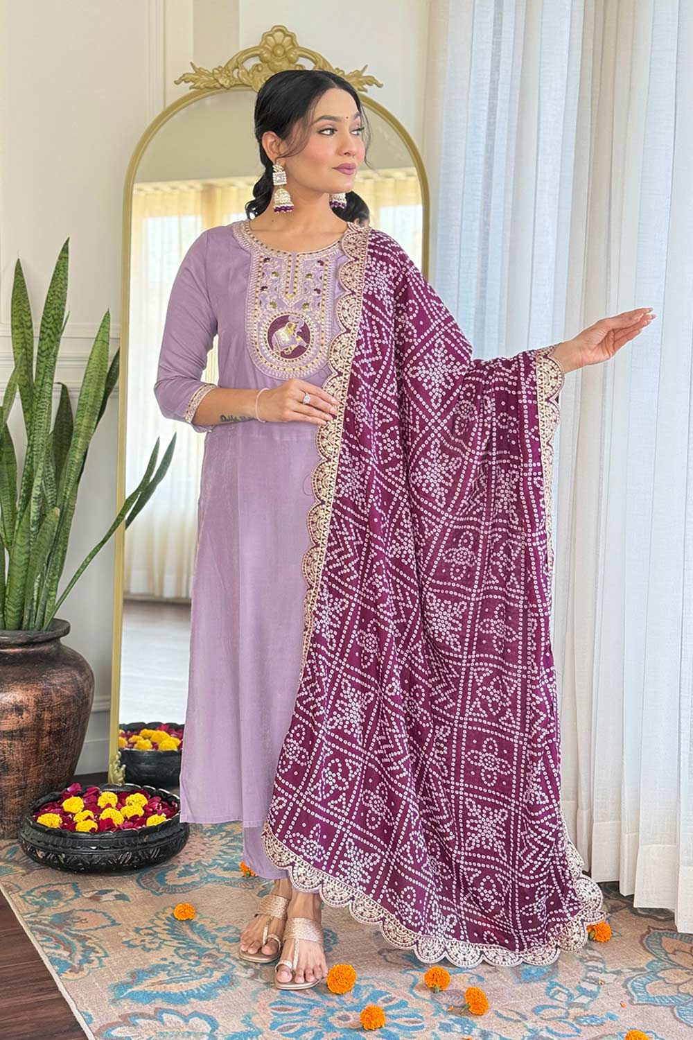 Violet Embroidered Viscose Palazzo Suit Set