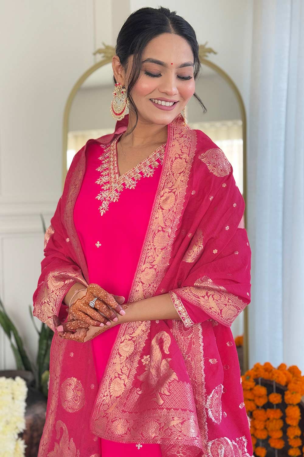 Pink Embroidered Viscose Palazzo Suit Set