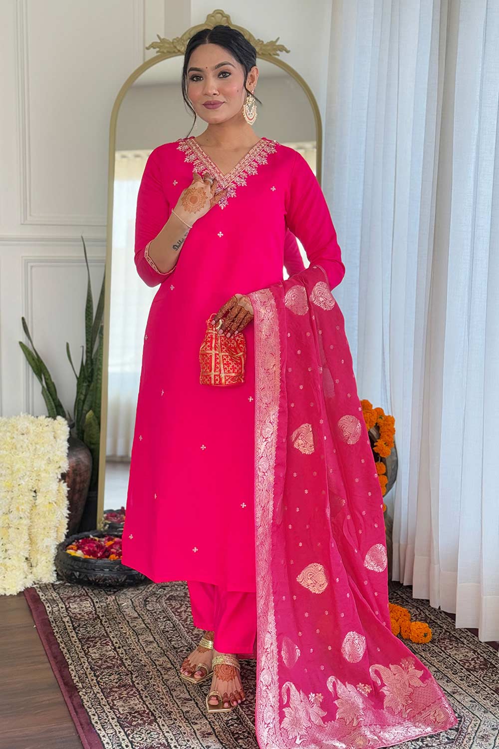 Pink Embroidered Viscose Palazzo Suit Set