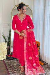 Pink Embroidered Viscose Palazzo Suit Set