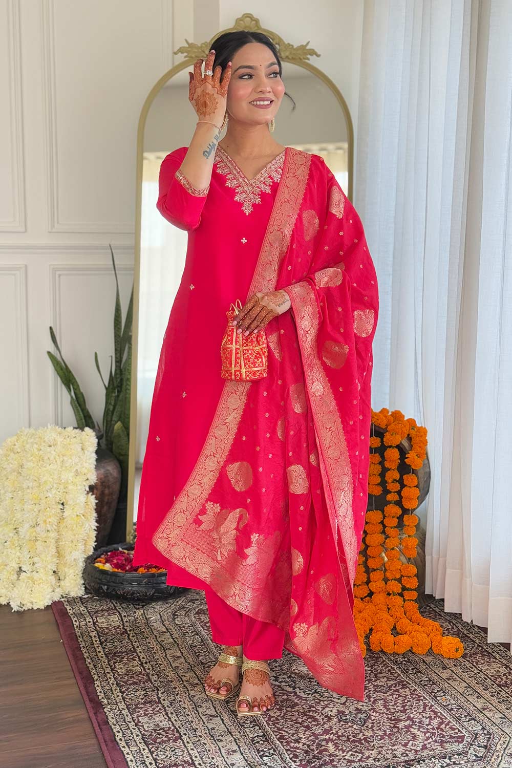 Pink Embroidered Viscose Palazzo Suit Set