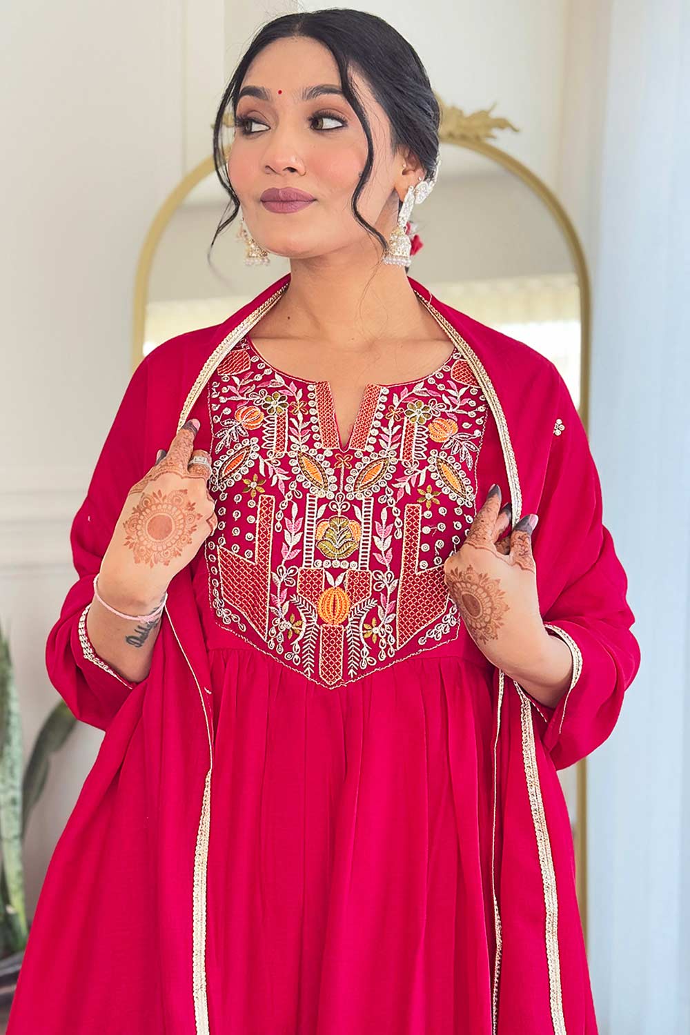 Red Embroidered Viscose Palazzo Suit Set