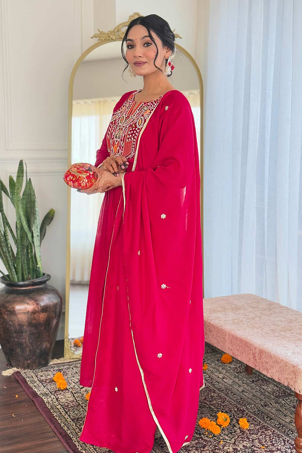 Red Embroidered Viscose Palazzo Suit Set