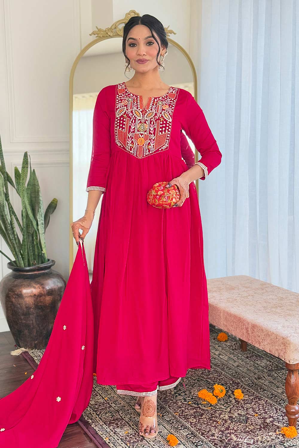 Red Embroidered Viscose Palazzo Suit Set